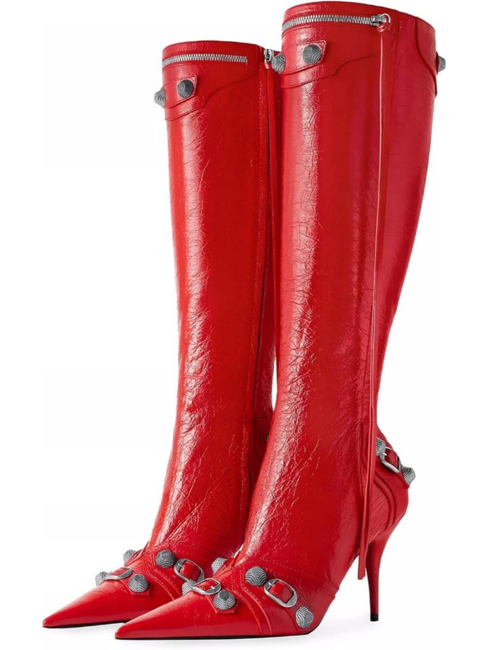 Women's Red Fashion Slide Zipper Pointed Toe Studded Heels Rivets Tassel Boots